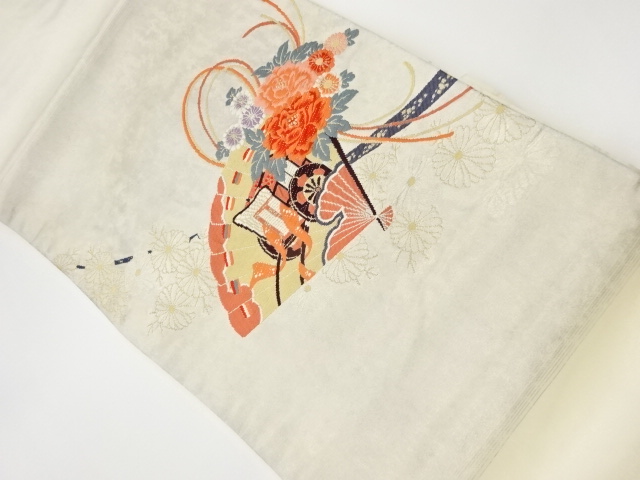 リサイクル　檜扇に花・御所車模様織出し名古屋帯